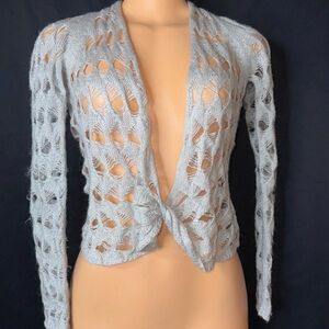 Light Gray Open Knit Tie-Front Women's Sweater